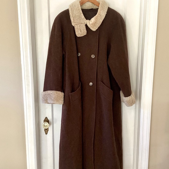 Vtg STEVE by Searle Brown Wool Trapeze Long Coat Faux Fur Collar & Cuffs Size 8 - Picture 5 of 15